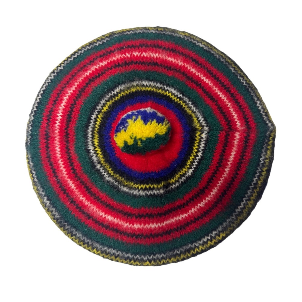 Robert Mackie of Scotland Royal Stewart Wool Beret Hat Multi Color Stripe Pom